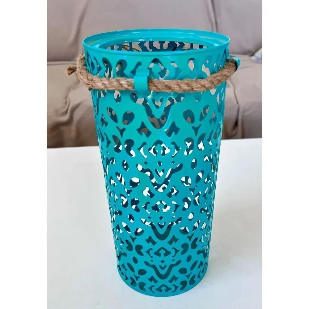 Round Metal Aqua Blue Cutout Candle Lantern New Without Tags